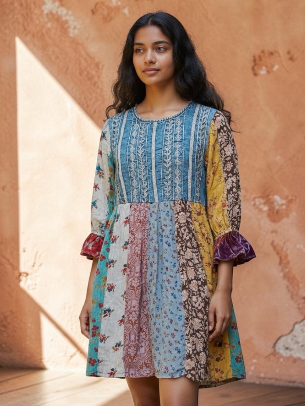 NWT Young Threads Boho Patchwork Mini Dress Size Small